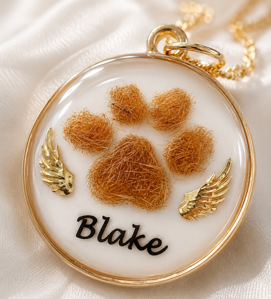 Paw Print Memorial Pendant | Pet Hair Keepsake Jewellery | Personalised Name & Gold Charm