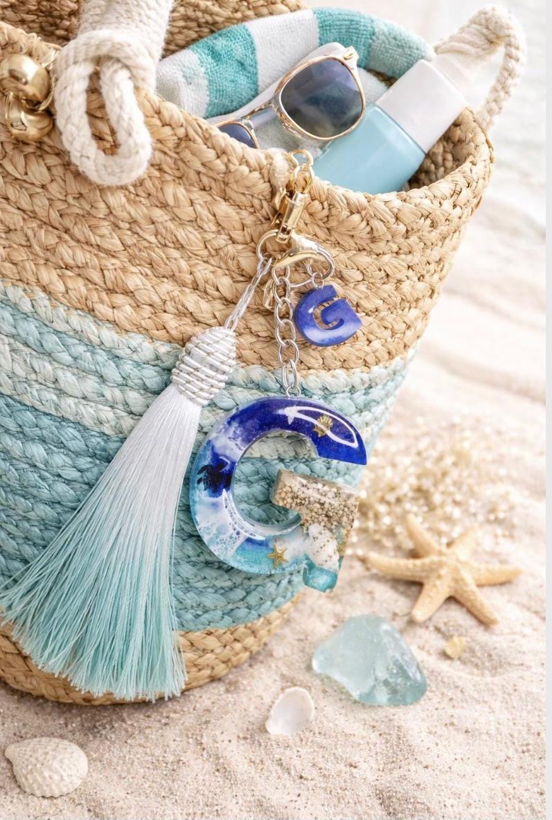 Personalised Ocean Initial Letter Keychain with Real Shell & Silk Tassel