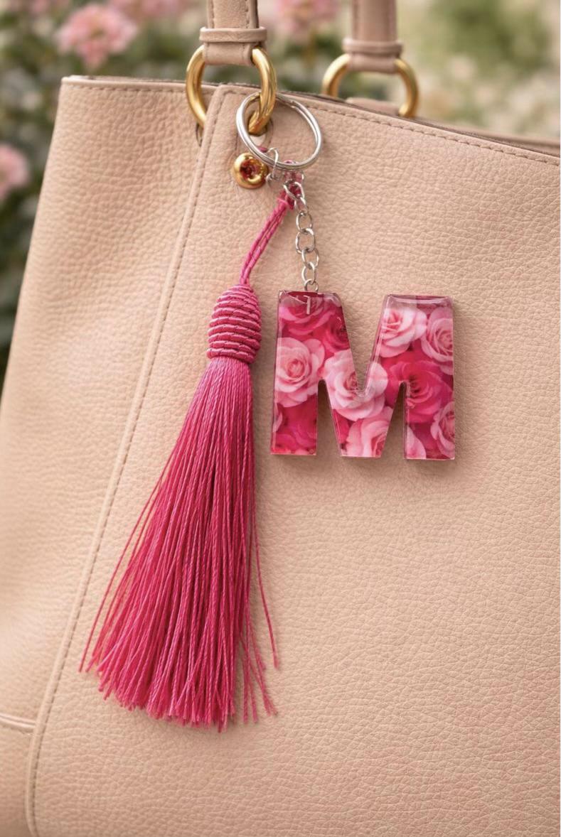 Personalised Floral Initial Letter Keychain with Tassel