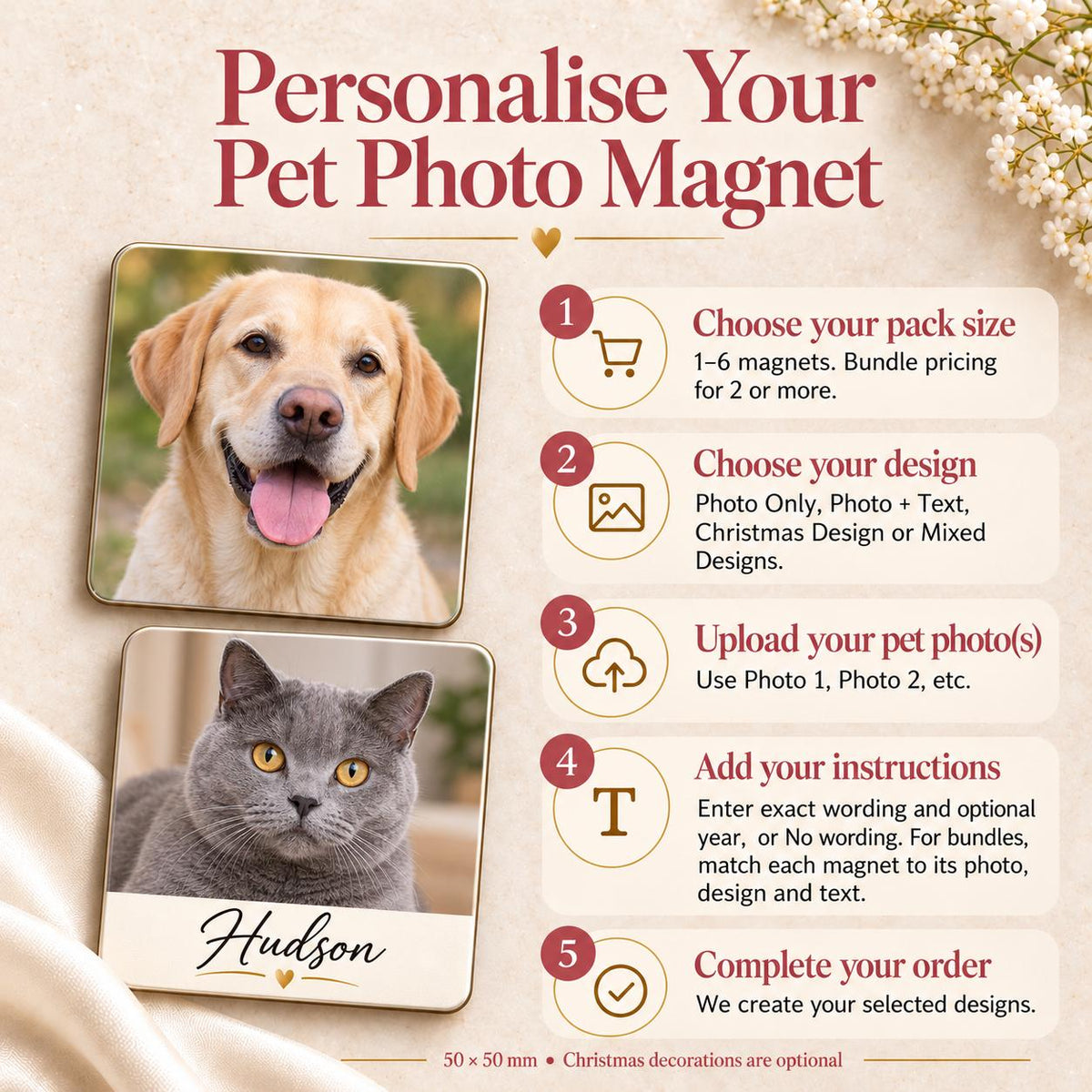 Personalisation guide for pet photo magnets with pack size, design, photo upload and wording instructions