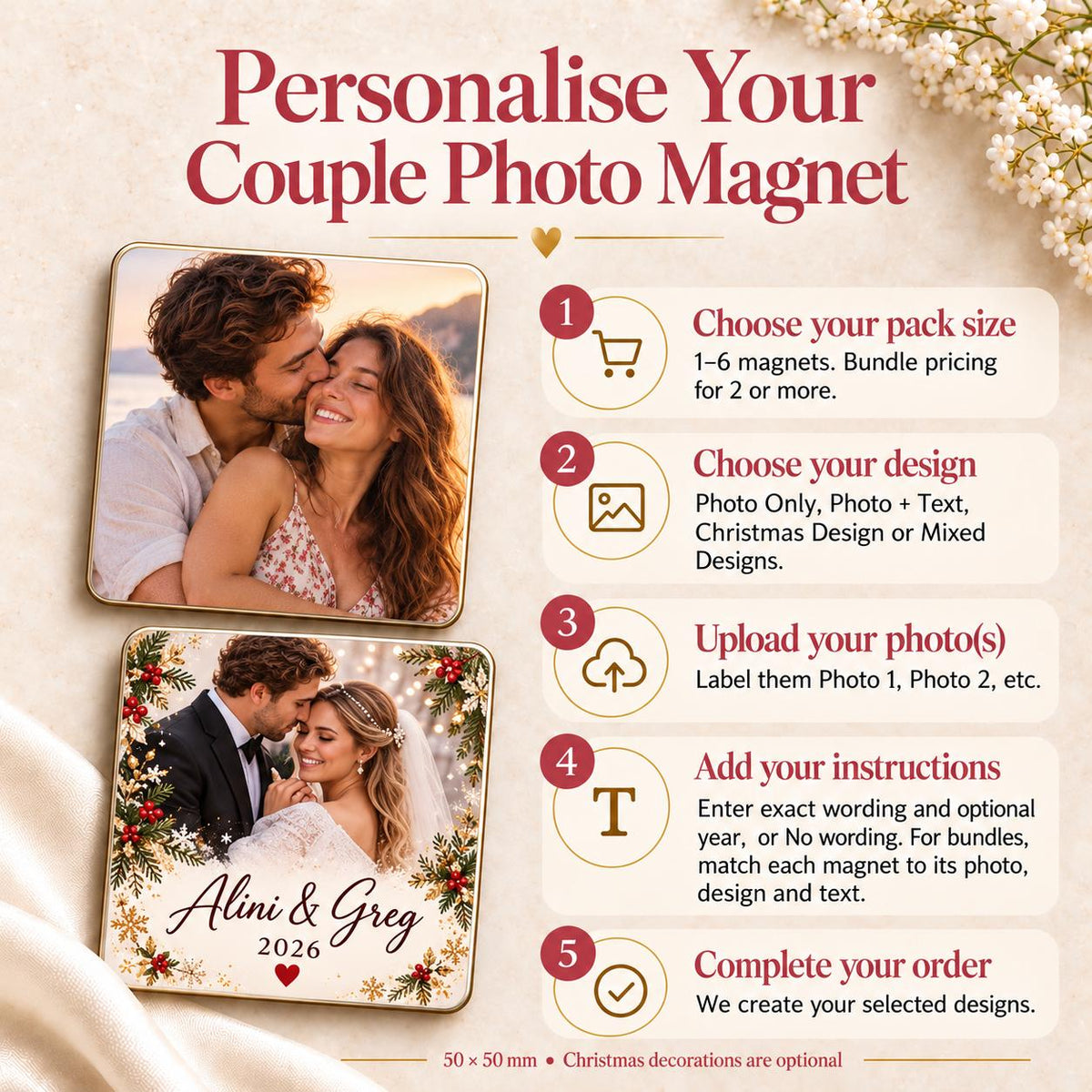 Personalisation guide showing pack size, design choice, photo upload and wording instructions for couple photo magnets.