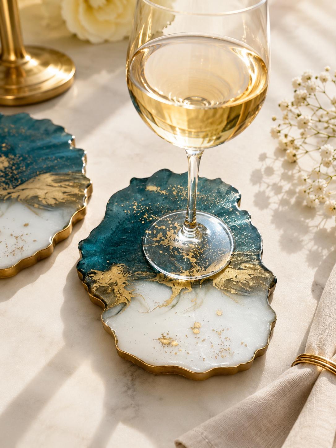 Aurora Resin Coaster | Gold Rim | Teal & Gold | Handcrafted Keepsake