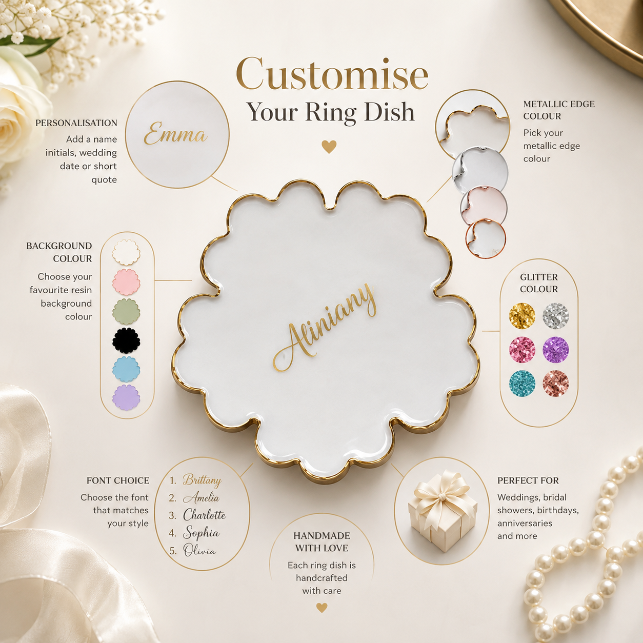 Personalised Resin Flower Bowl – Gold Flakes Jewellery Dish, Ring Holder & Elegant Wedding Favour