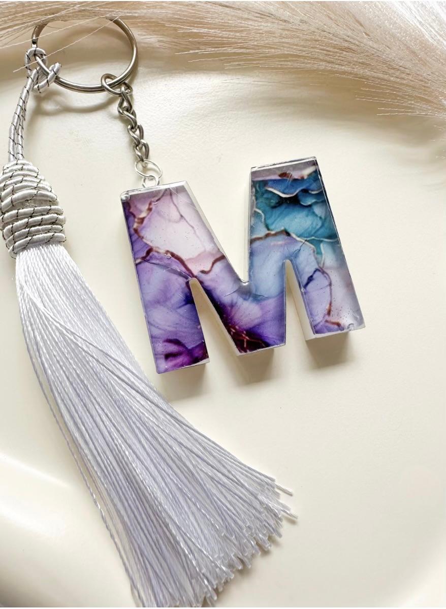 Personalised Marble Initial Letter Keychain with Tassel – Purple or White