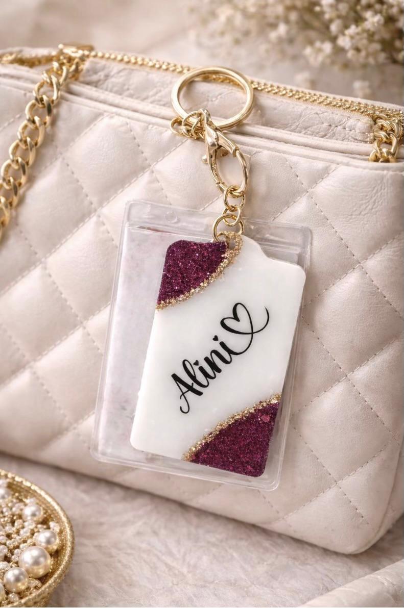 Personalised Glitter Corner Resin Card Holder Keychain