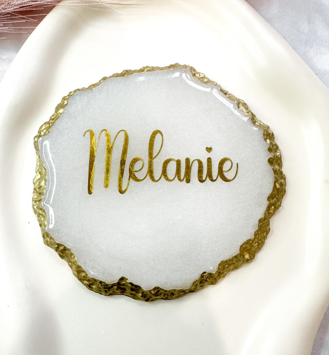Personalised Resin Name Coaster | Gold or Silver Rim | Custom Wedding Place Card & Keepsake
