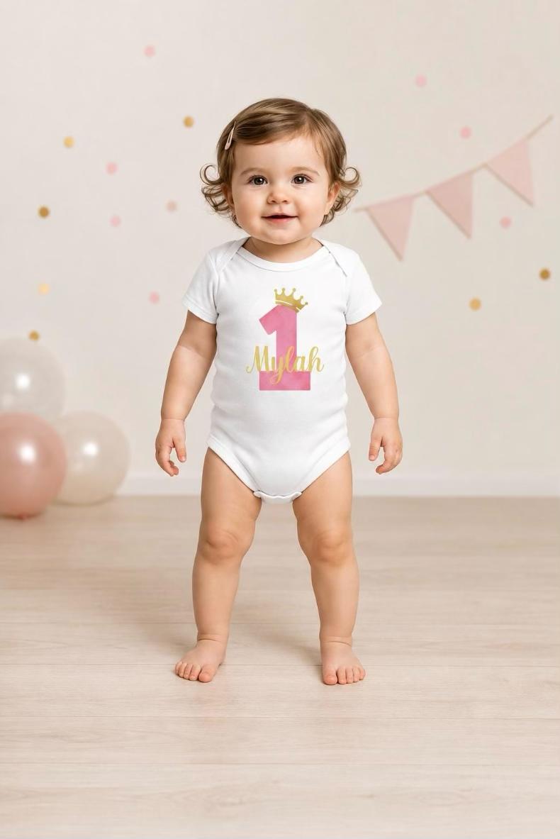 Personalised First Birthday Bodysuit for a GIRL – Crown Number 1 Baby Onesie