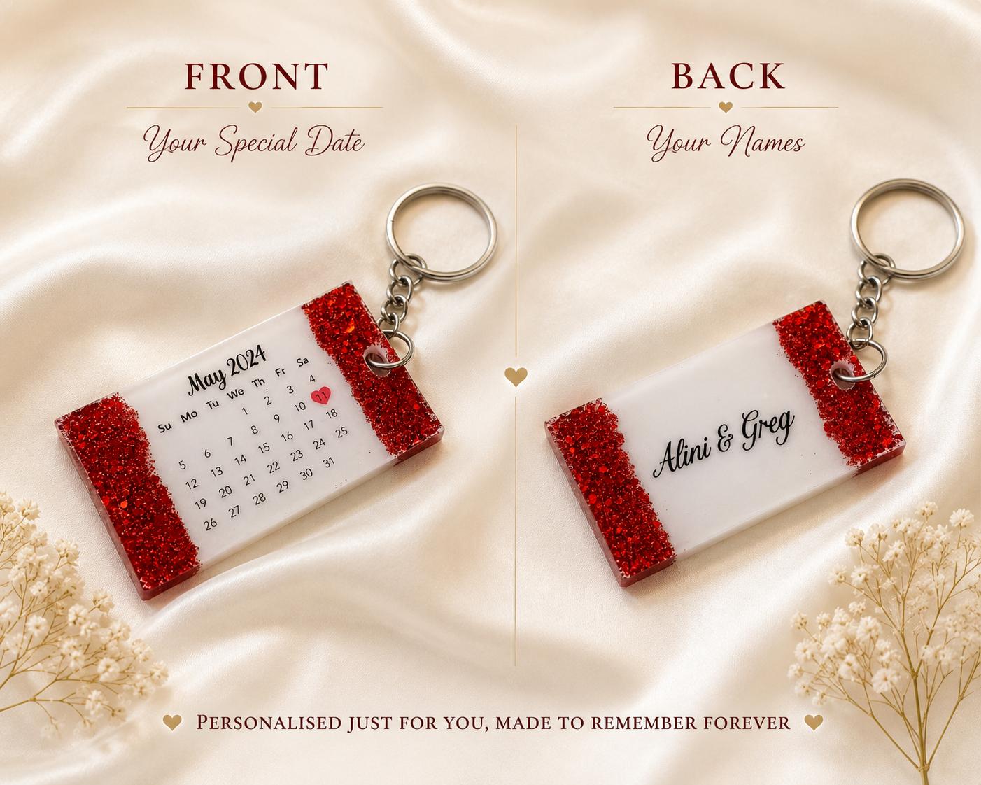 Personalised Resin Calendar Keychain | Custom Date & Name Keepsake | Glitter Couples Gift