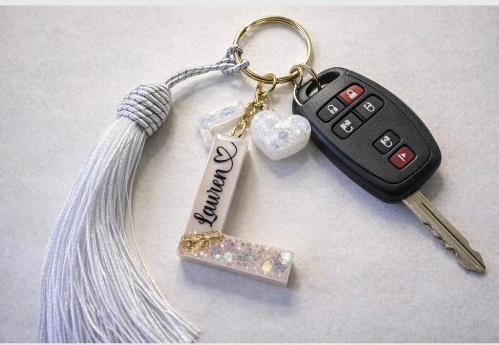 Personalised Geode Glitter & Gold Foil Flakes Initial Keychain