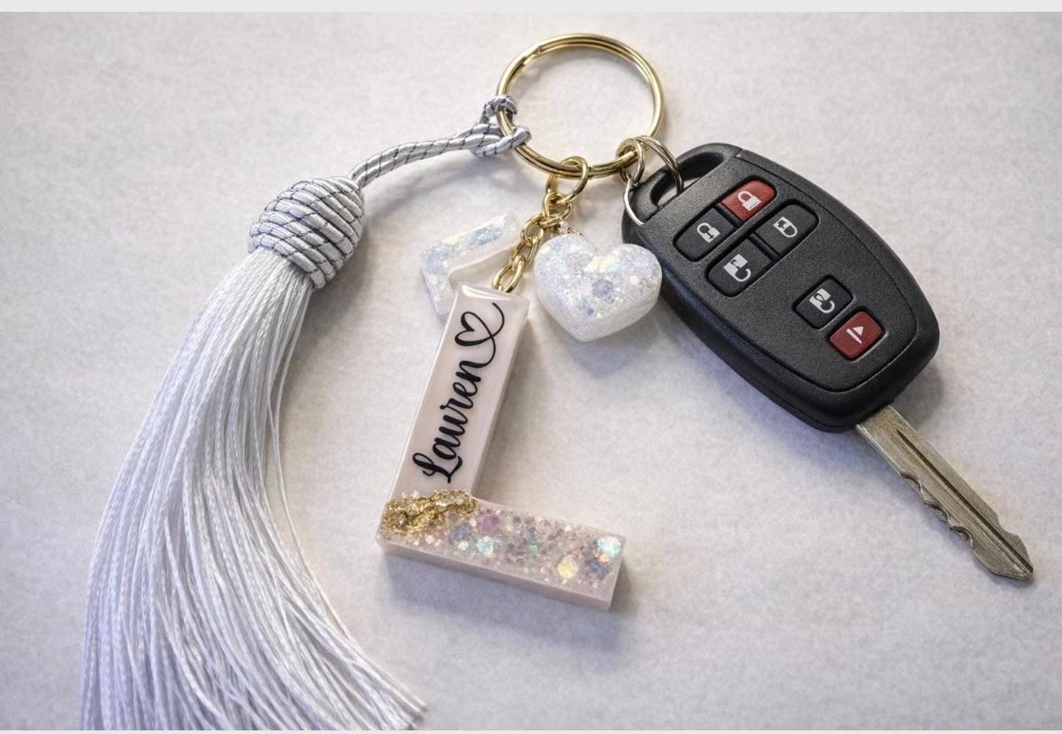 Personalised Geode Glitter & Gold Foil Flakes Initial Keychain
