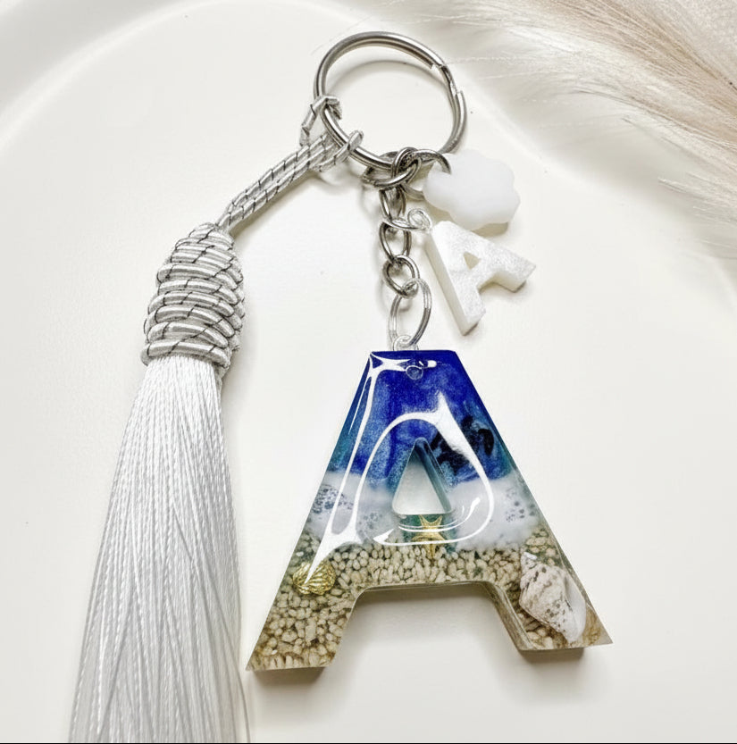 Personalised Ocean Initial Letter Keychain with Real Shell & Silk Tassel