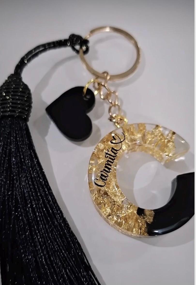 Personalised Black or White Keychain with Gold Foil Flakes