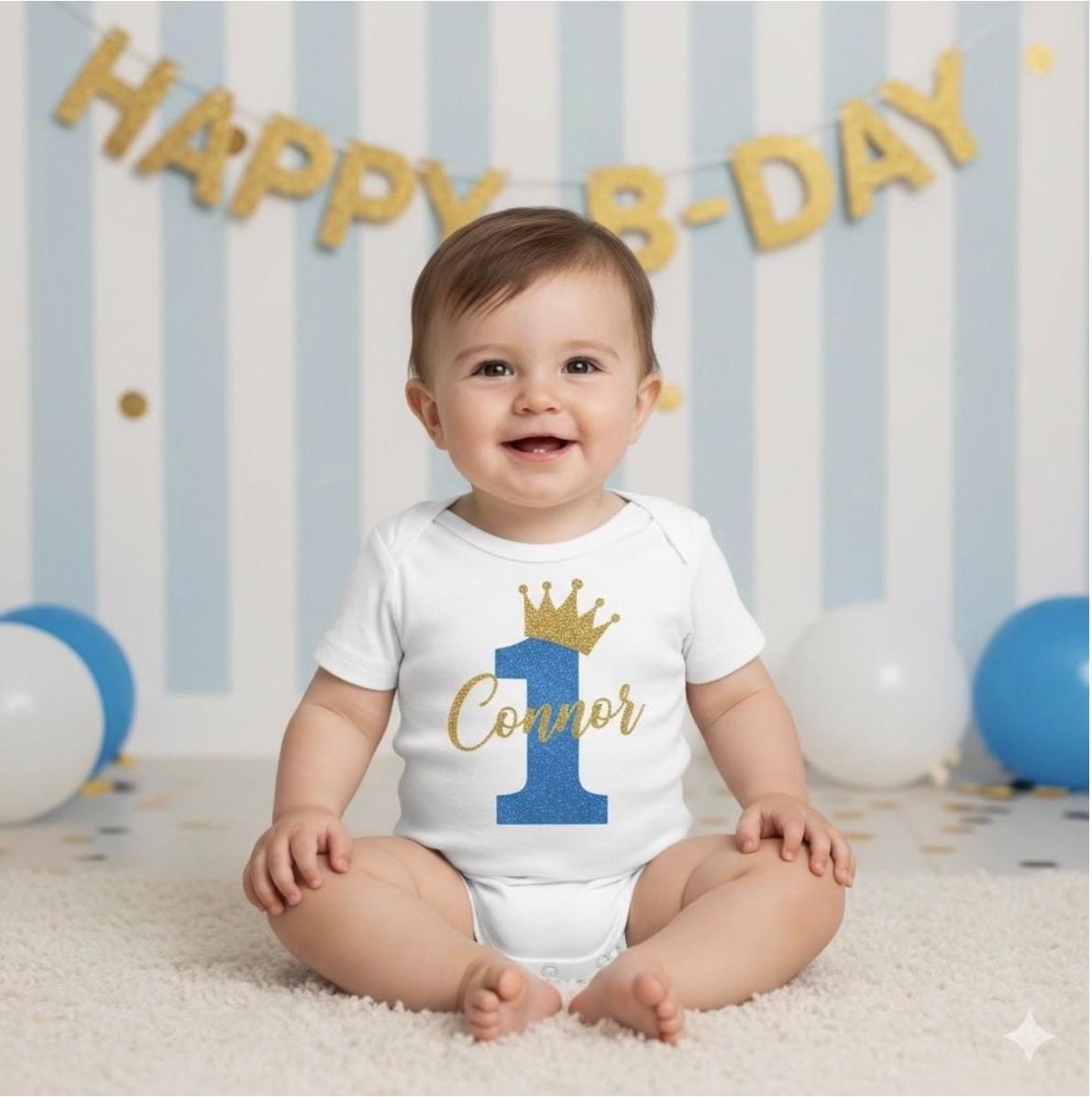 Personalised First Birthday Bodysuit for a BOY – Crown Number 1 Baby One