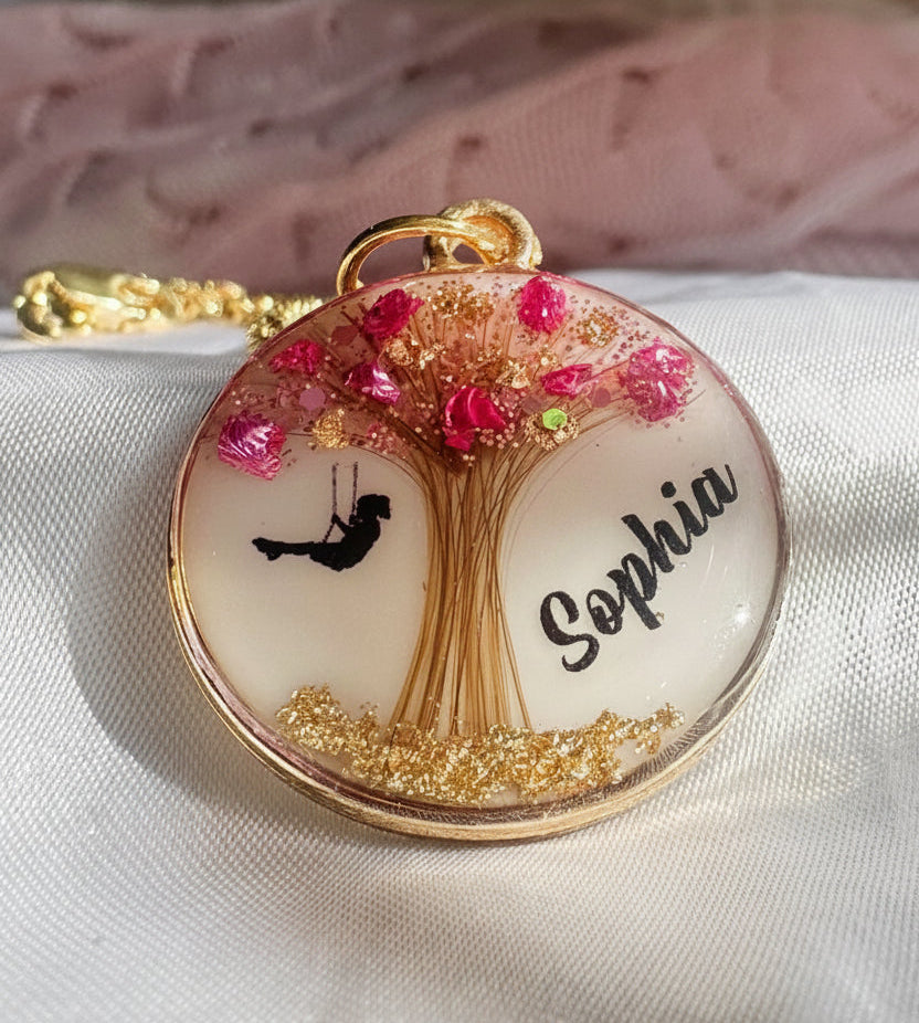 Blossom & Bloom Keepsake Pendant – Personalised Resin Jewellery with Shell Flakes & Shimmer Stones