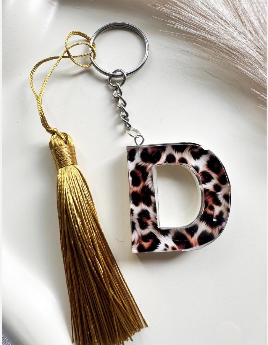 Leopard Print Initial Keychain with Tassel - Option 2
