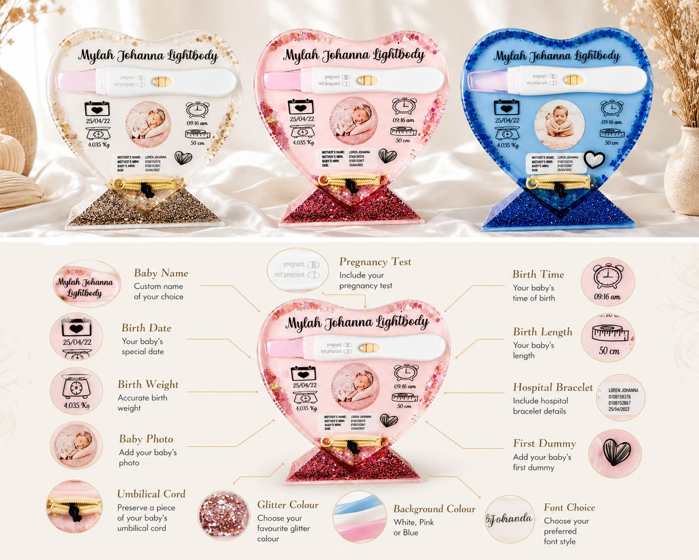 Baby's First Moments Resin Keepsake – Birth Measurements, Photo & Milestone Memory Display