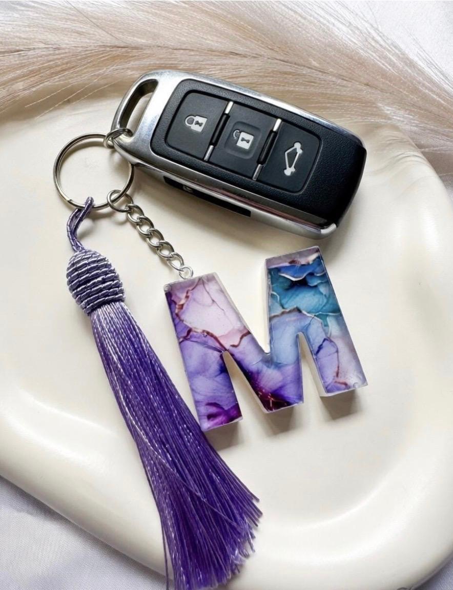 Personalised Marble Initial Letter Keychain with Tassel – Purple or White