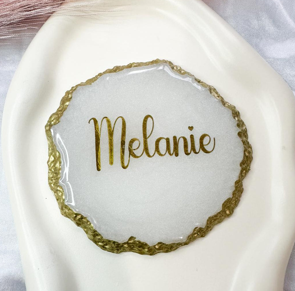 Personalised Resin Name Coaster | Gold or Silver Rim | Custom Wedding Place Card & Keepsake