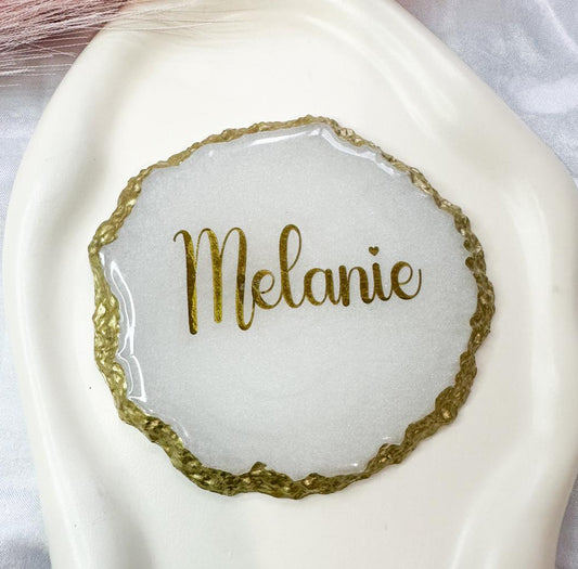 Personalised Resin Name Coaster | Gold or Silver Rim | Custom Wedding Place Card & Keepsake