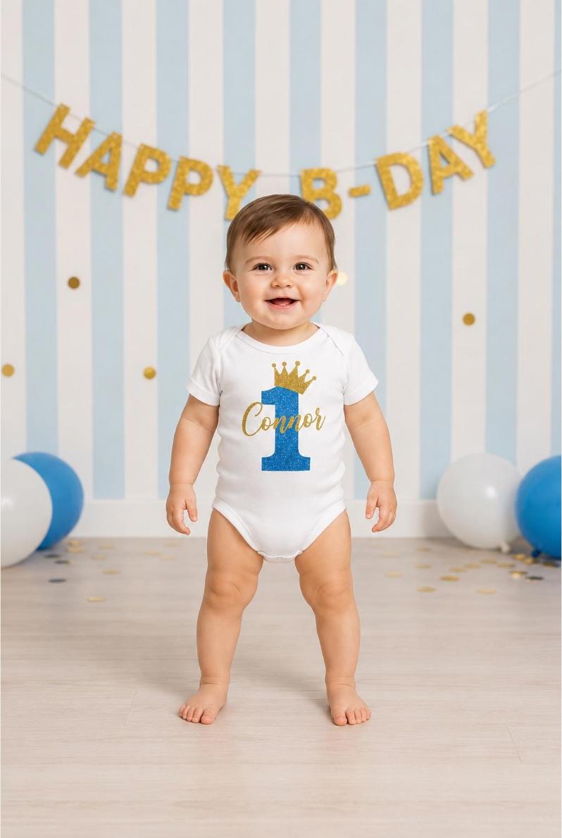 Personalised First Birthday Bodysuit for a BOY – Crown Number 1 Baby One
