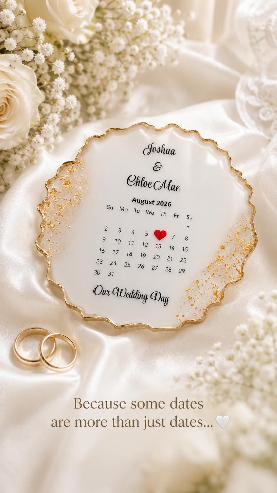 Personalised Wedding Date Calendar Resin Keepsake | Custom Couple Gift