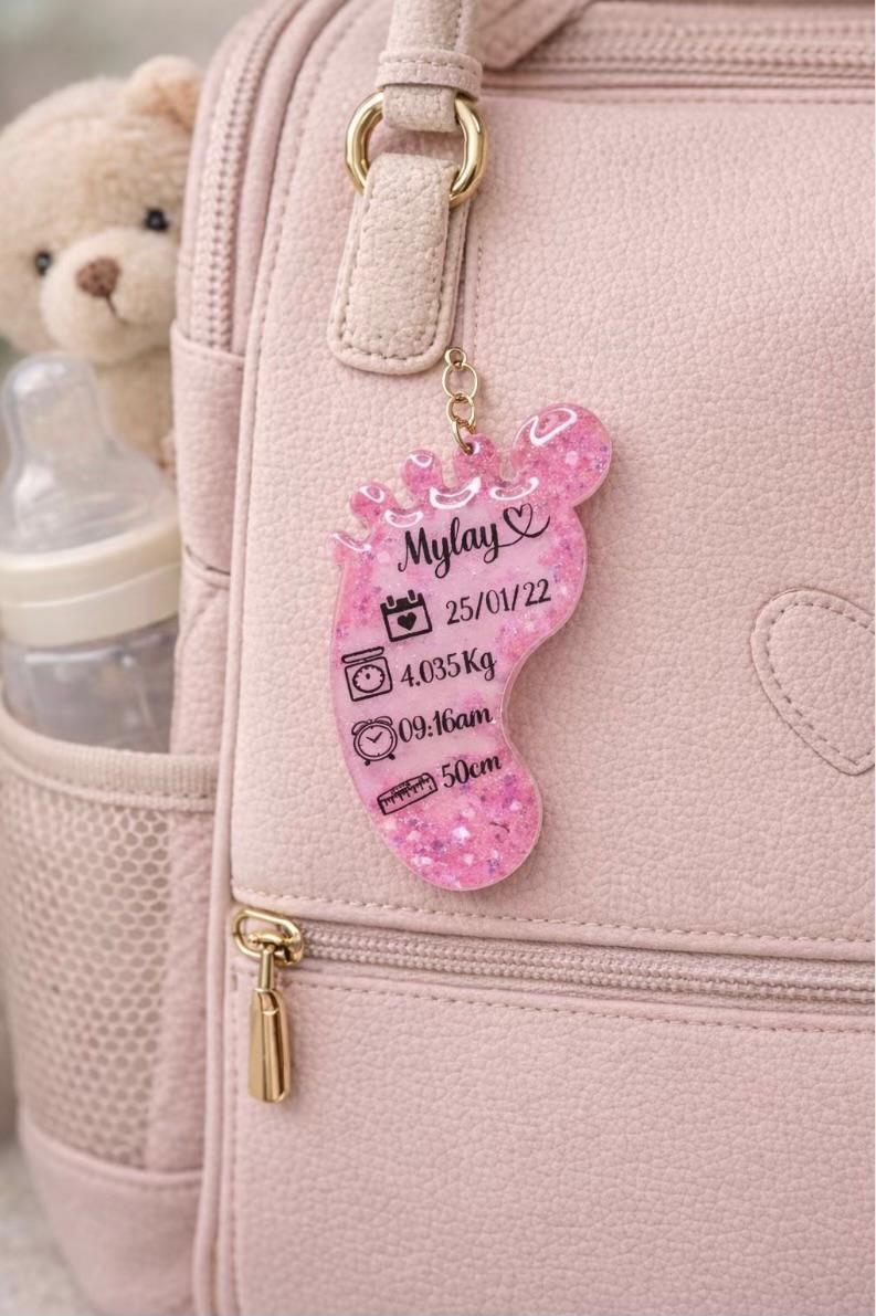 Personalised Baby Footprint Keepsake Birth Stats Keychain