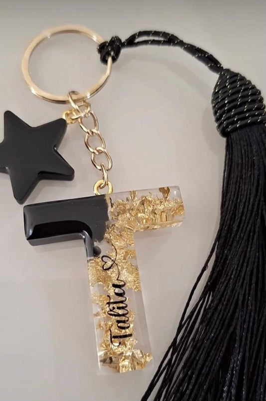 Personalised Black or White Keychain with Gold Foil Flakes