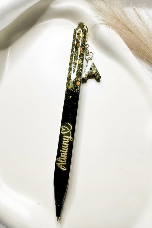 Personalised Black Refillable Glitter Resin Pen – Gift box