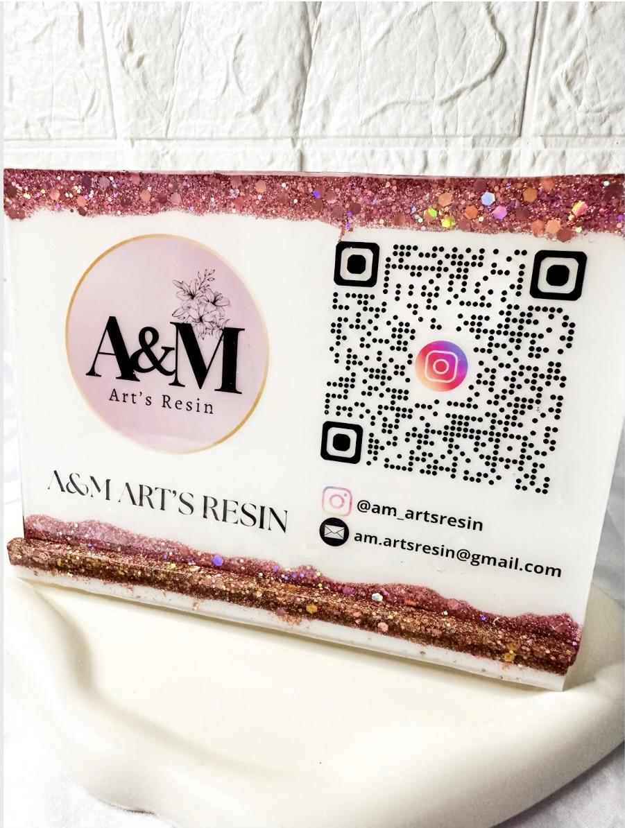 Personalised Glitter Resin Business Sign – QR Code, Logo & Contact Details Display
