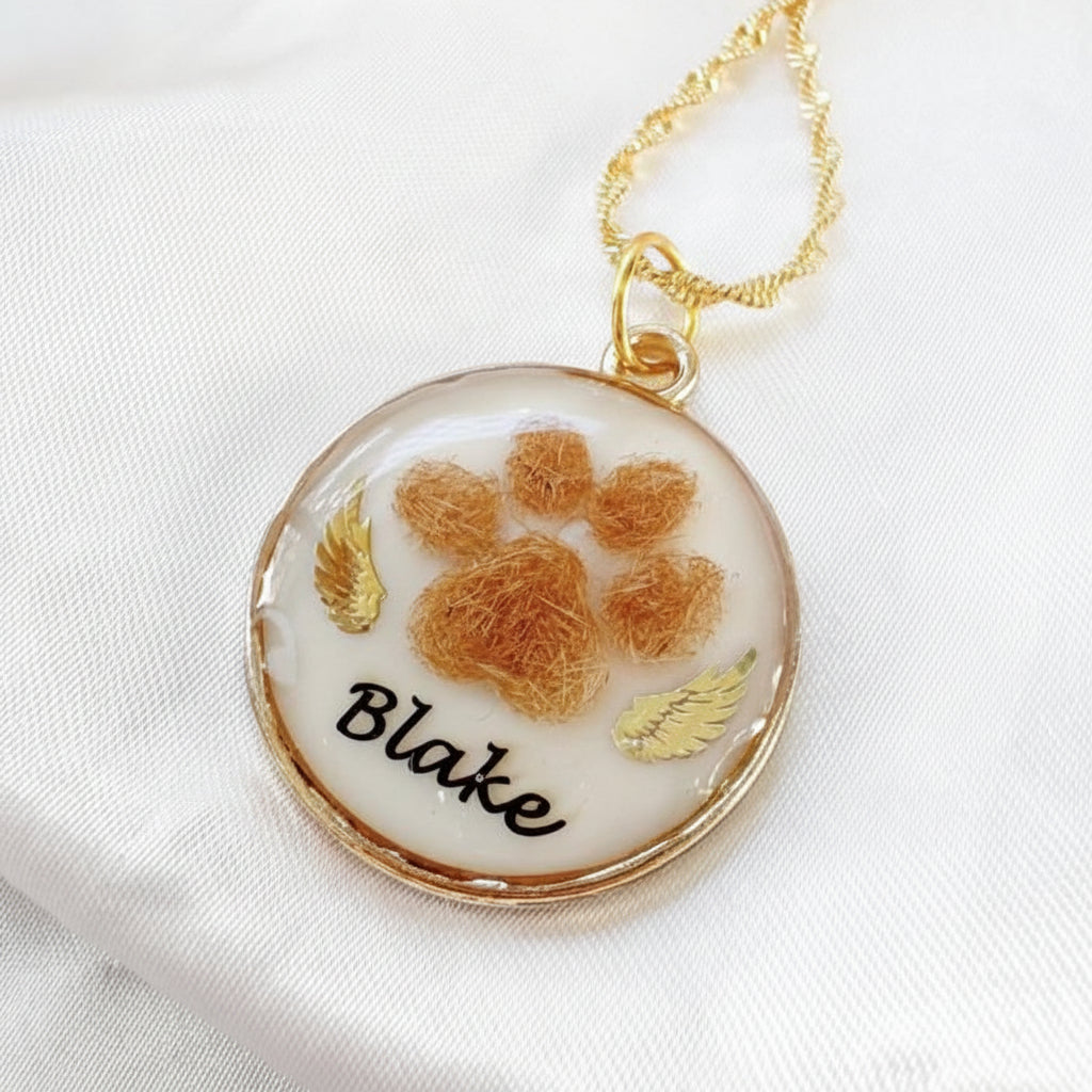 Paw Print Memorial Pendant | Pet Hair Keepsake Jewellery | Personalised Name & Gold Charm