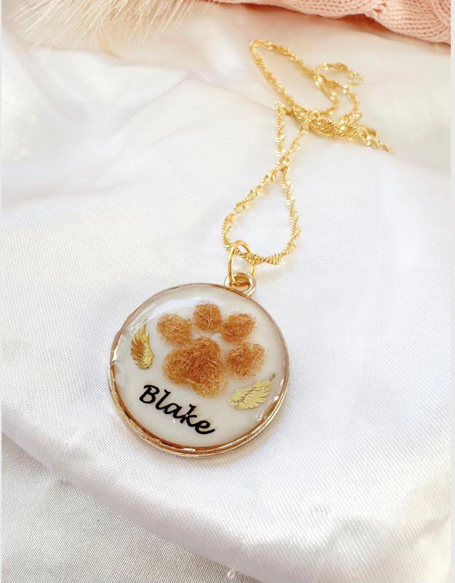 Paw Print Memorial Pendant | Pet Hair Keepsake Jewellery | Personalised Name & Gold Charm