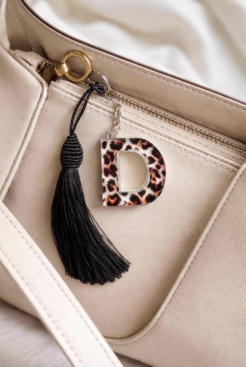 Leopard Print Initial Keychain with Tassel - Option 2
