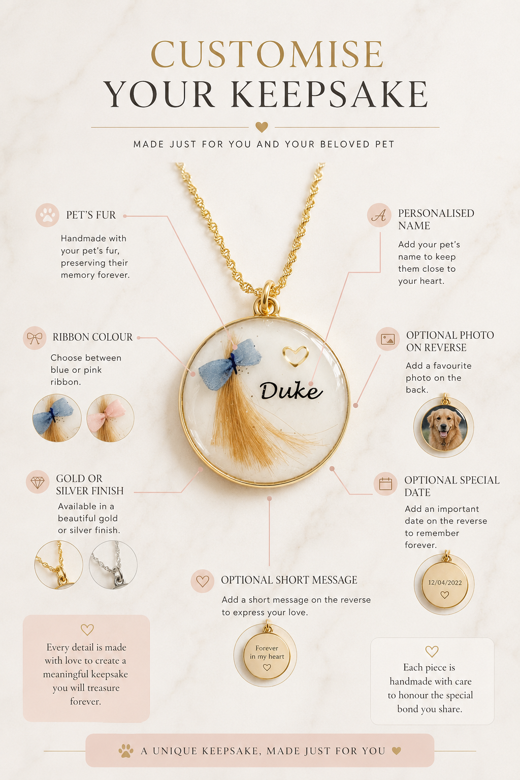 Pet Fur Keepsake Pendant | Blue or Pink Ribbon