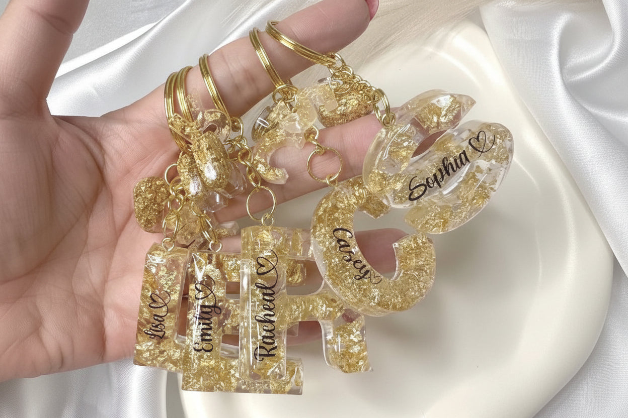 Personalised Gold Flakes Initial Letter Keychain
