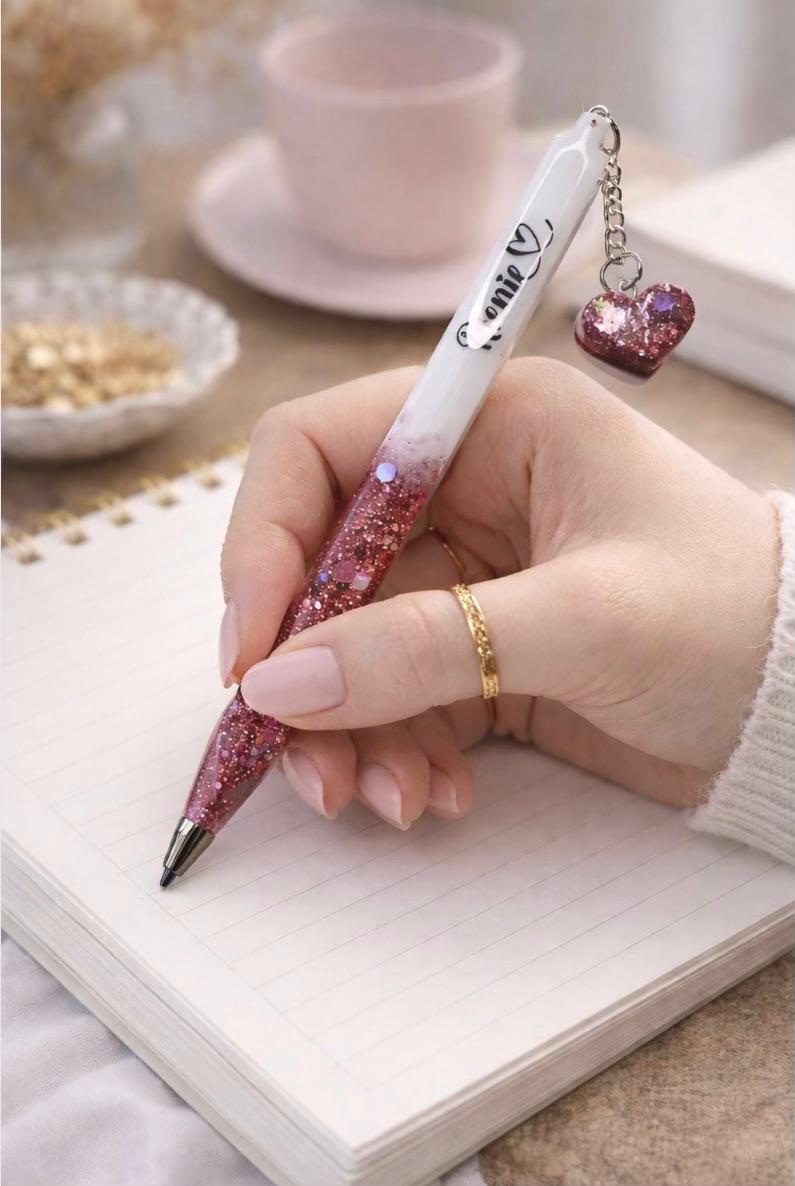 Personalised White Refillable Glitter Resin Pen – Custom Name or Phrase & Glitter Colour | Gift Boxed