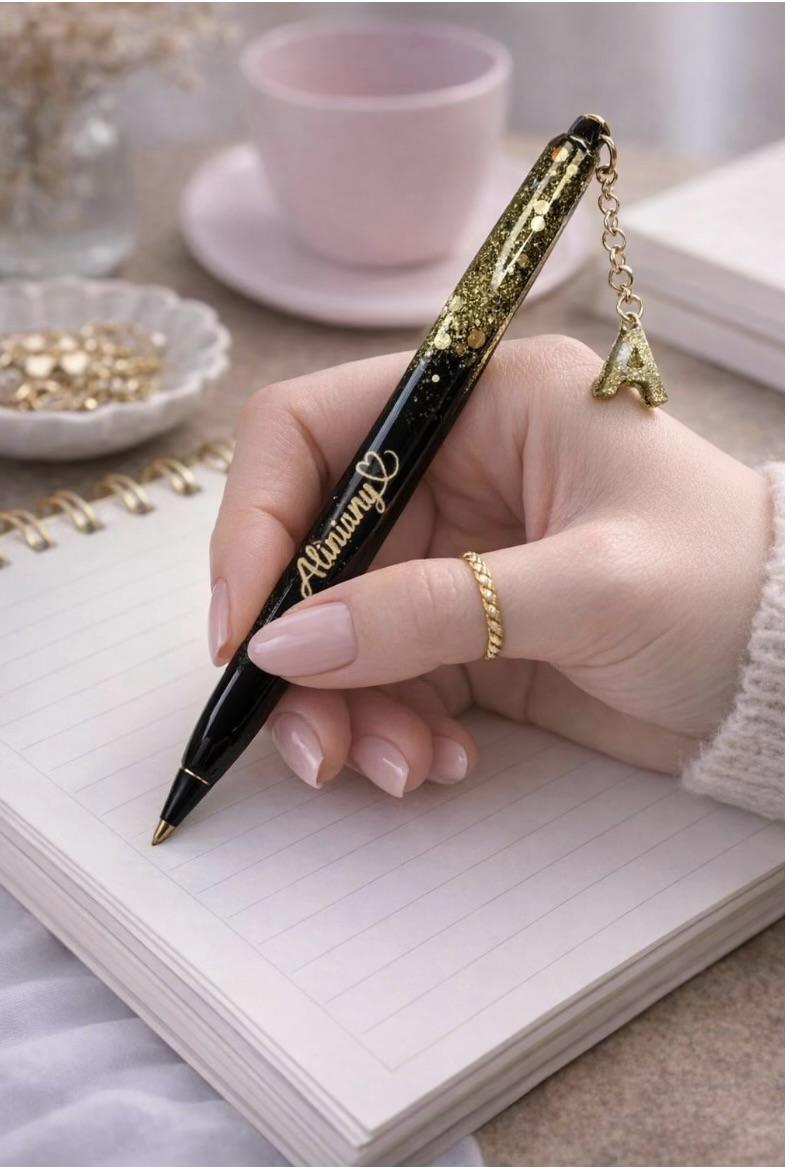 Personalised Black Refillable Glitter Resin Pen – Gift box