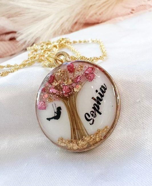Blossom & Bloom Keepsake Pendant – Personalised Resin Jewellery with Shell Flakes & Shimmer Stones
