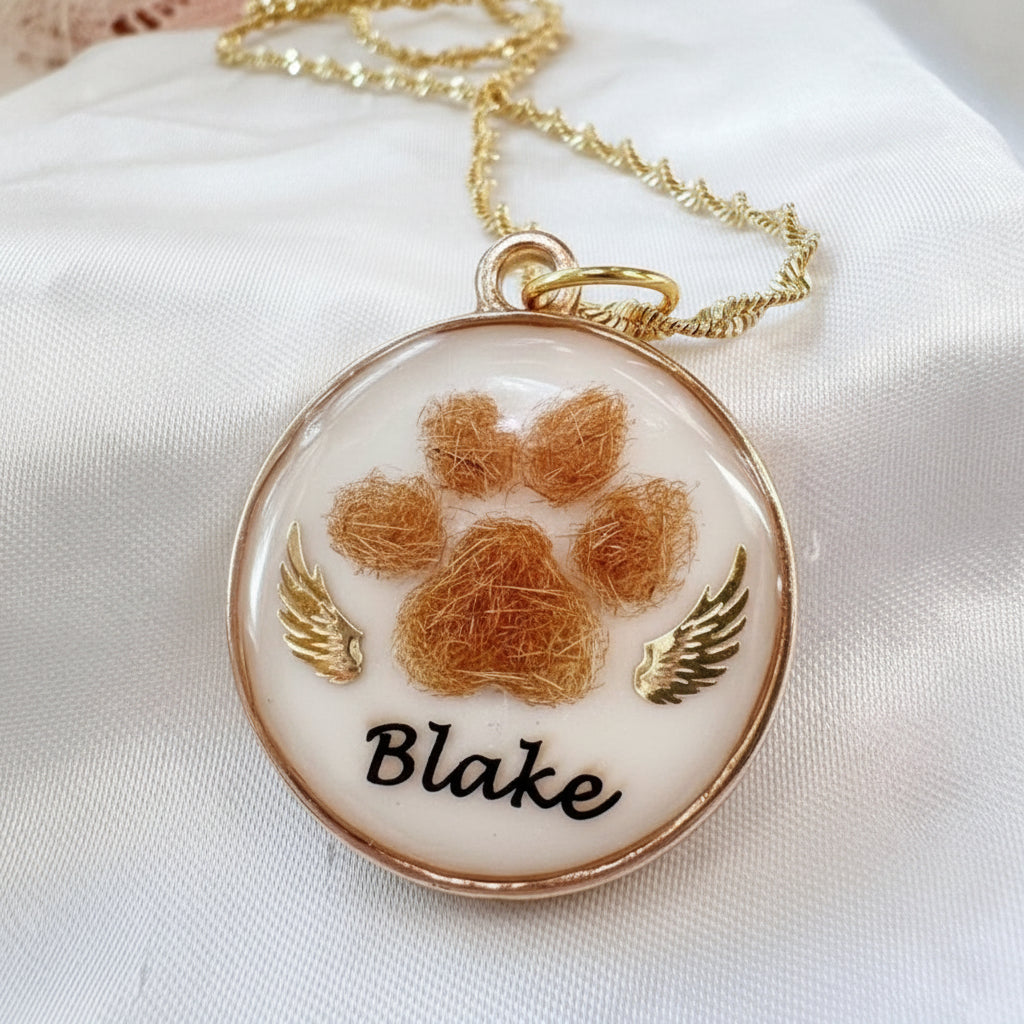 Paw Print Memorial Pendant | Pet Hair Keepsake Jewellery | Personalised Name & Gold Charm