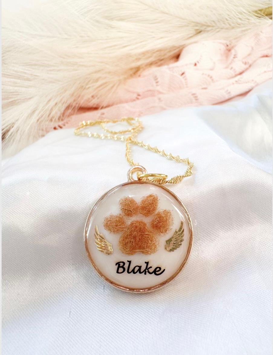 Paw Print Memorial Pendant | Pet Hair Keepsake Jewellery | Personalised Name & Gold Charm
