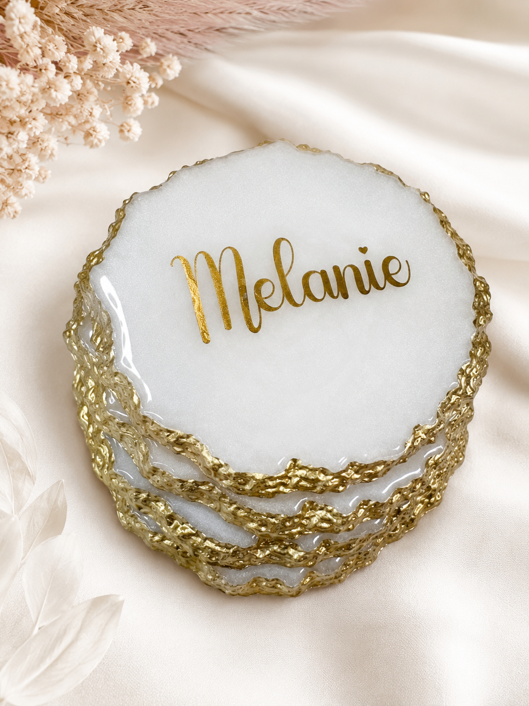 Personalised Resin Name Coaster | Gold or Silver Rim | Custom Wedding Place Card & Keepsake
