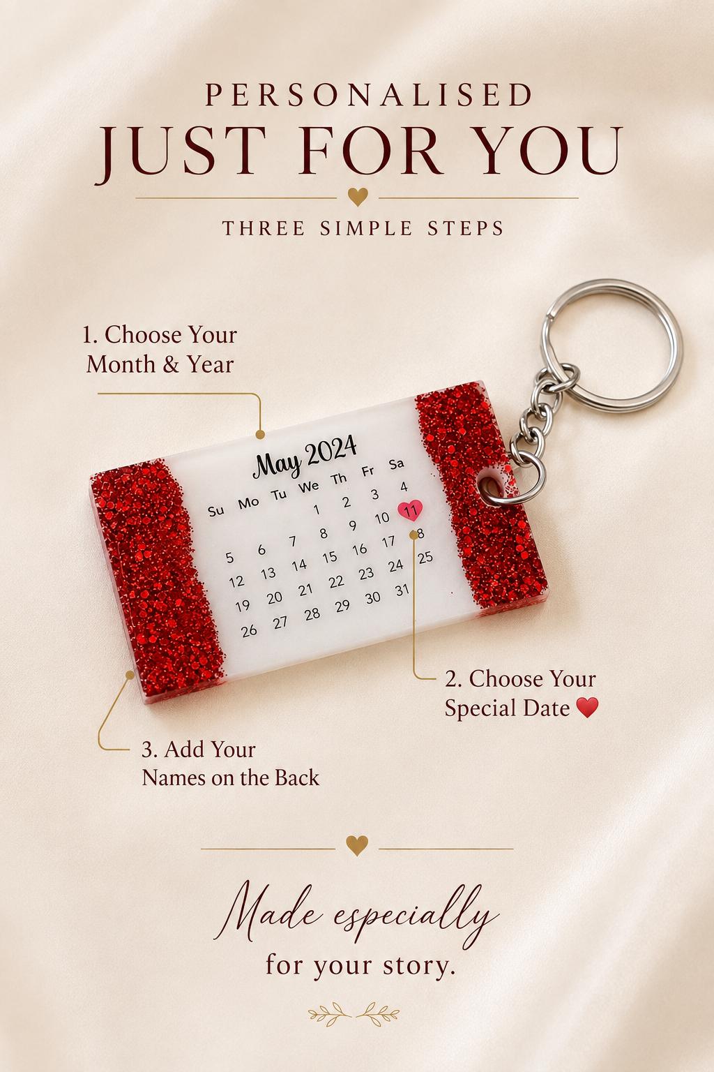 Personalised Resin Calendar Keychain | Custom Date & Name Keepsake | Glitter Couples Gift