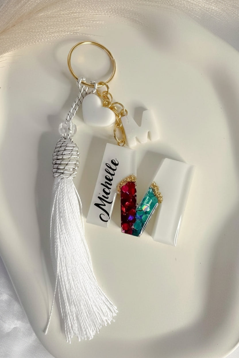 Personalised Geode Initial Letter Keychain – Black or White, Custom Name & Glitter Colours