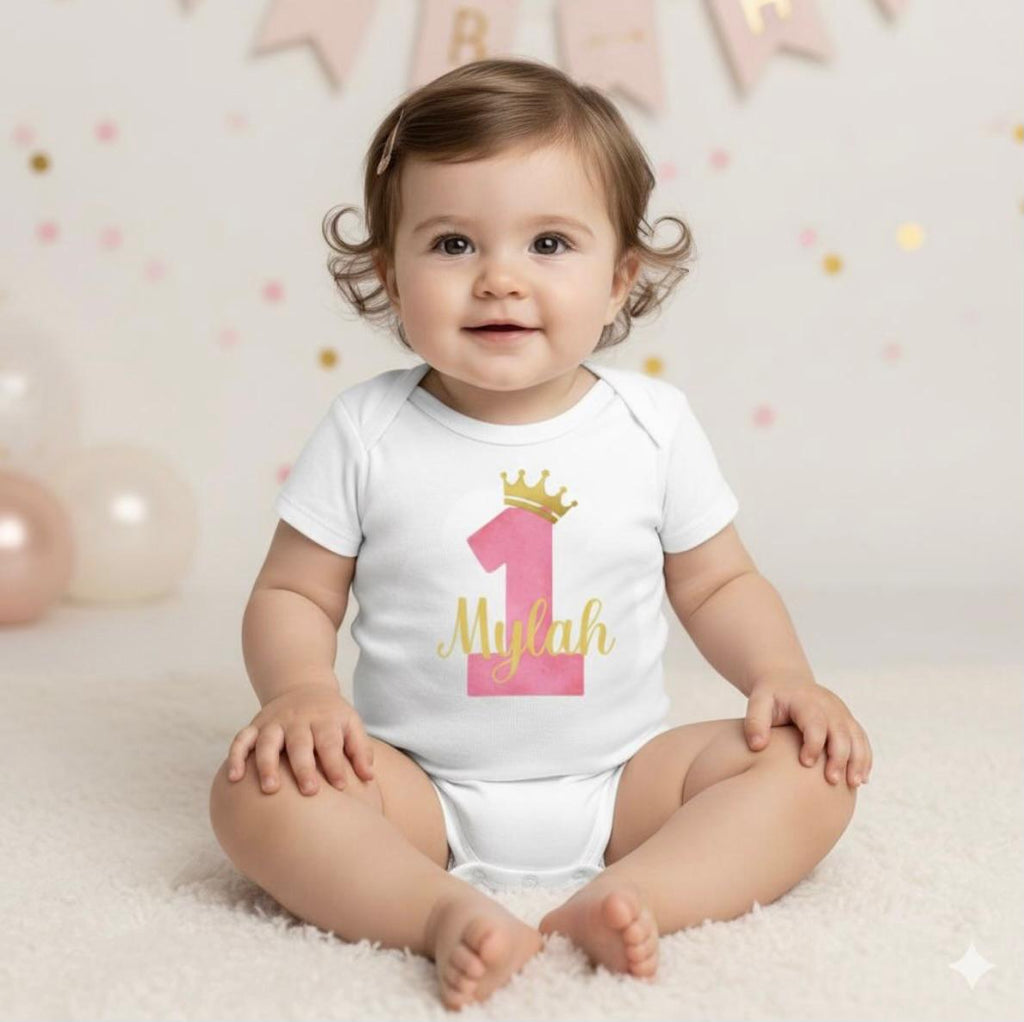 Personalised First Birthday Bodysuit for a GIRL – Crown Number 1 Baby Onesie