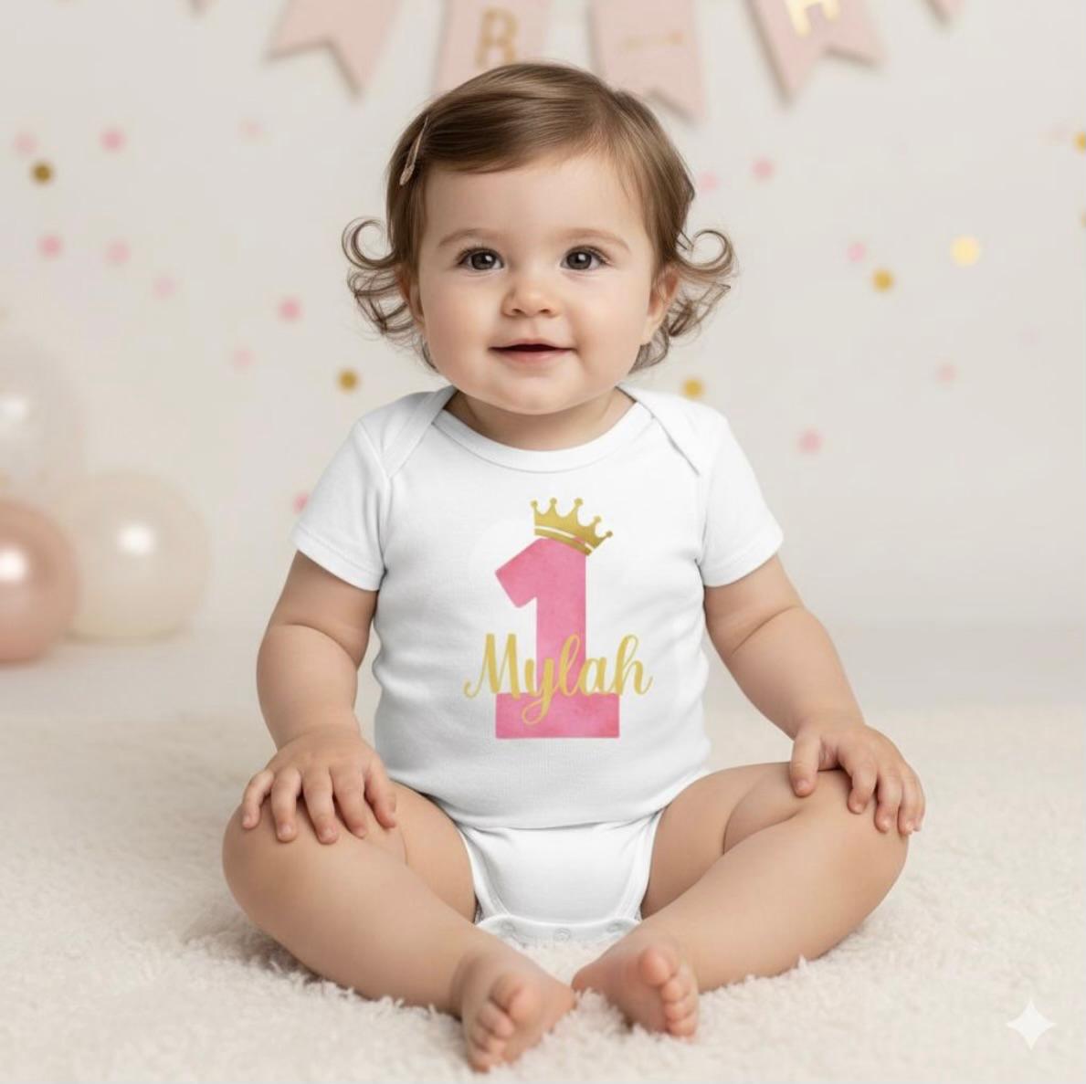 Personalised First Birthday Bodysuit for a GIRL – Crown Number 1 Baby Onesie
