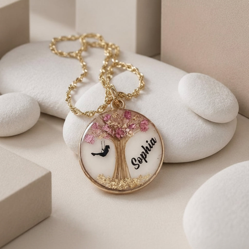 Blossom & Bloom Keepsake Pendant – Personalised Resin Jewellery with Shell Flakes & Shimmer Stones