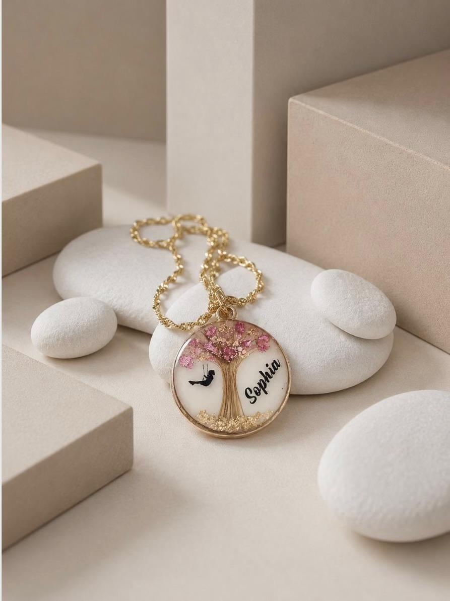 Blossom & Bloom Keepsake Pendant – Personalised Resin Jewellery with Shell Flakes & Shimmer Stones