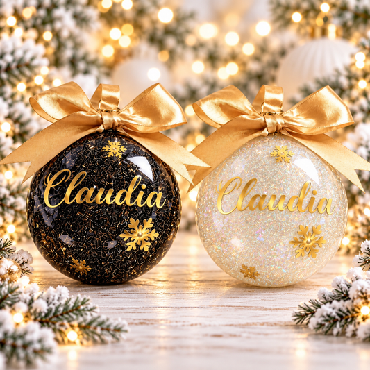 Personalised Black and White Christmas Bauble | Gold Name & Snowflake Ornament