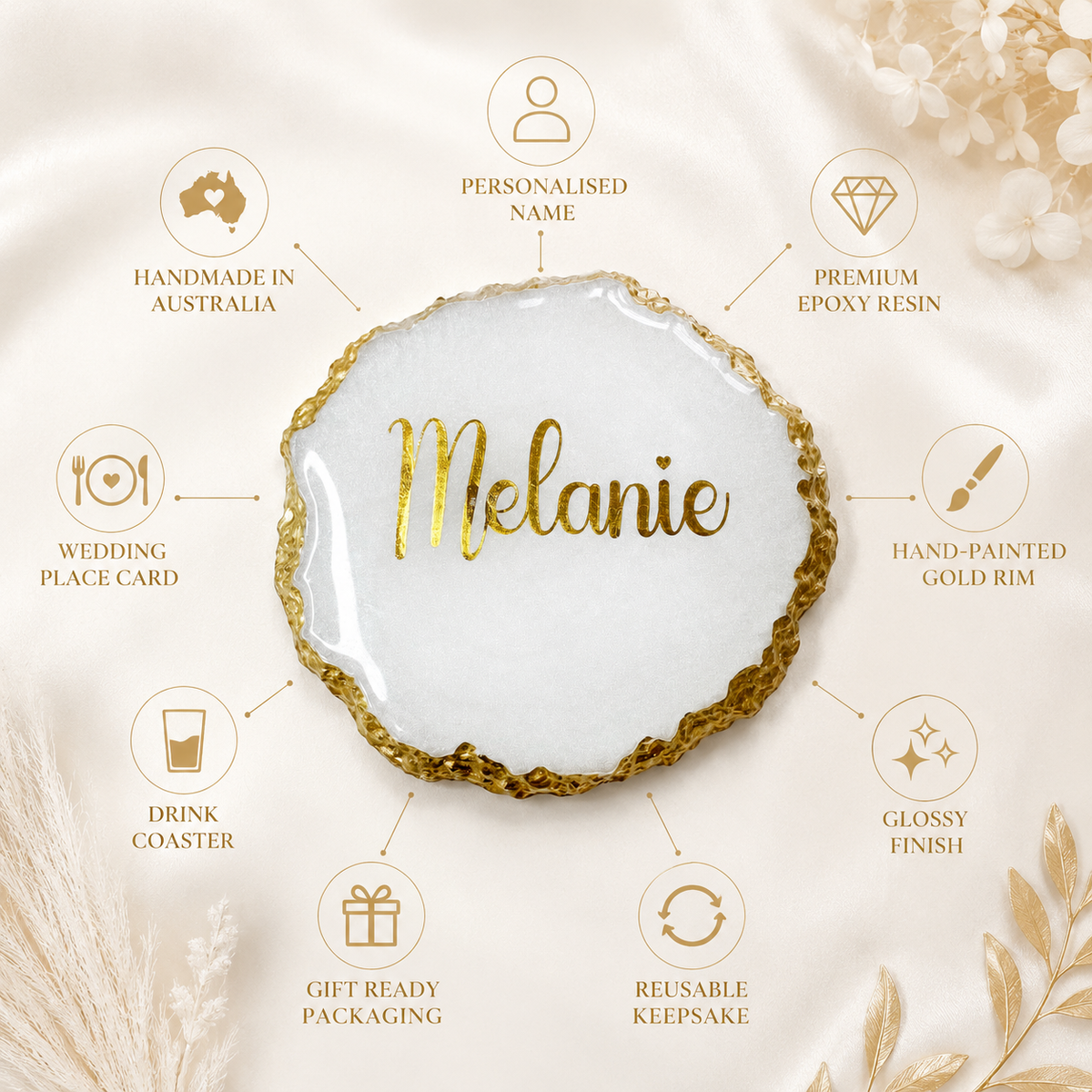 Personalised Resin Name Coaster | Gold or Silver Rim | Custom Wedding Place Card & Keepsake