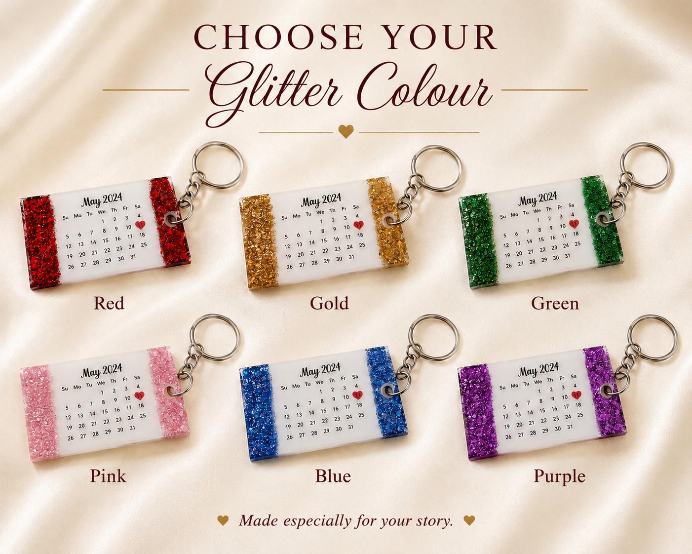 Personalised Resin Calendar Keychain | Custom Date & Name Keepsake | Glitter Couples Gift
