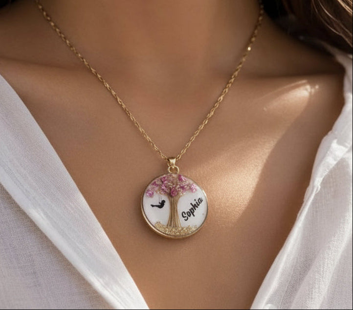 Blossom & Bloom Keepsake Pendant – Personalised Resin Jewellery with Shell Flakes & Shimmer Stones